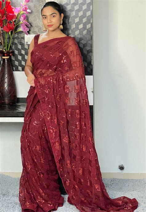 Buy Sequinned Georgette Saree In Maroon Online SPF10965 Utsav Fashion