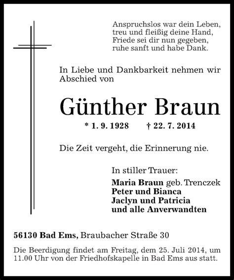 Traueranzeigen von Günther Braun rz trauer de