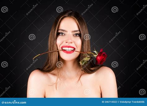 Seductive Sensual Woman Holding Red Rose With Teeth Woman With Naked