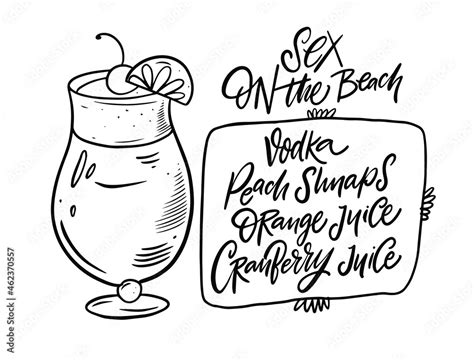 Sex On The Beach Cocktail Hand Drawn Black Color Outline Style Stock