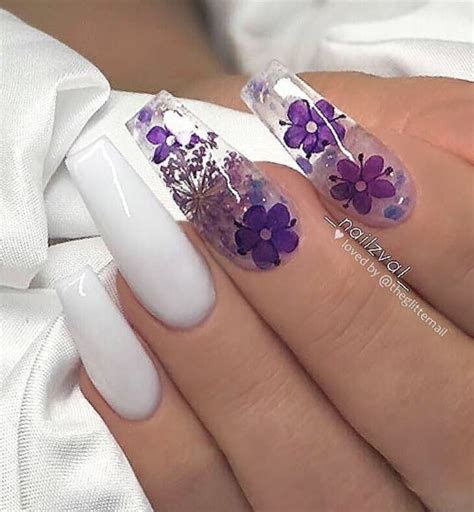 White And Purple Nails Flower Nails Acrylic Nails Spring Nails