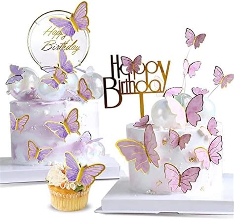 22 Pieces Purple And Pink Butterfly Cake Decorations With Happy Birthday Acrylic Cake Toppers For