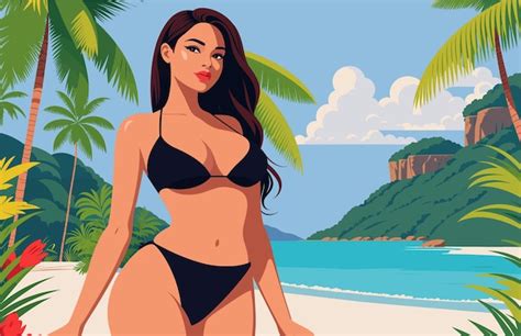 Verano banner mujer en bikini vector ilustración fondo tropical