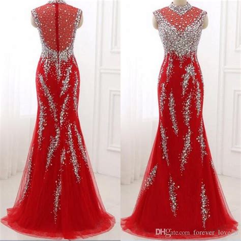 Luxury Sparkly Crystals Prom Dress Red Mermaid High Neck Sleeveless