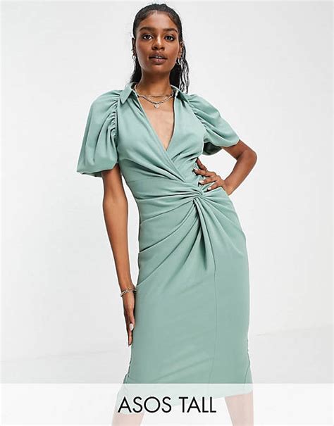 Asos Design Tall Shirt Knot Detail Wrap Midi Dress In Sage Asos