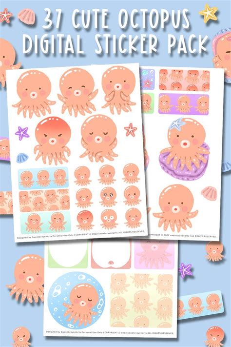 Cute Octopus Digital Sticker Pack Cute Octopus Printable Stickers