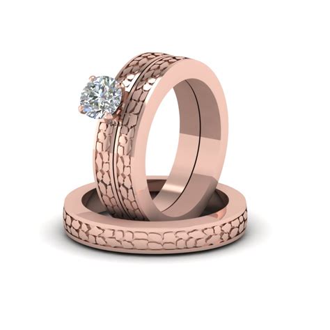 Round Cut Diamond Cheap Trio Wedding Ring Sets For Couples In 14k Rose Gold Fascinating Diamonds