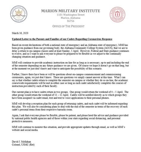 President's 3.16 Letter on COVID-19 Impact on MMI - Marion Military Institute