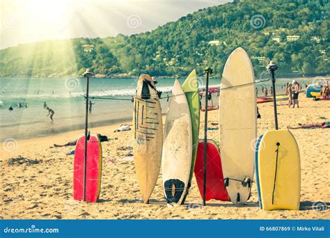 Multicolored Surfboards At Kata Beach In Phuket Island Stock Image