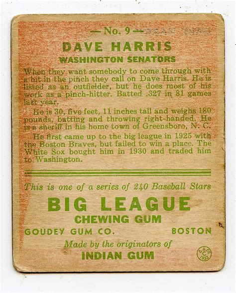 Lot - Baseball Card Goudey 9 Dave Harris, 1933