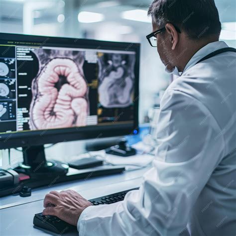 Doctor analyzing MRI scan images on a computer monitor in a medical lab