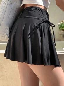 DAZY Women S Black Pleated Drawstring Skirted Bikini Bottoms Summer Beach Swimwear Slimming