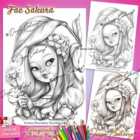 Fae Sakura Coloring Page Grayscale Llustration Magical Big Eyed Fairy