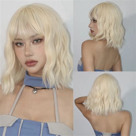Blonde Short Curly Bob Synthetic Wigs With Bangs Platium Golden Lolita Cosplay Wigs For Women
