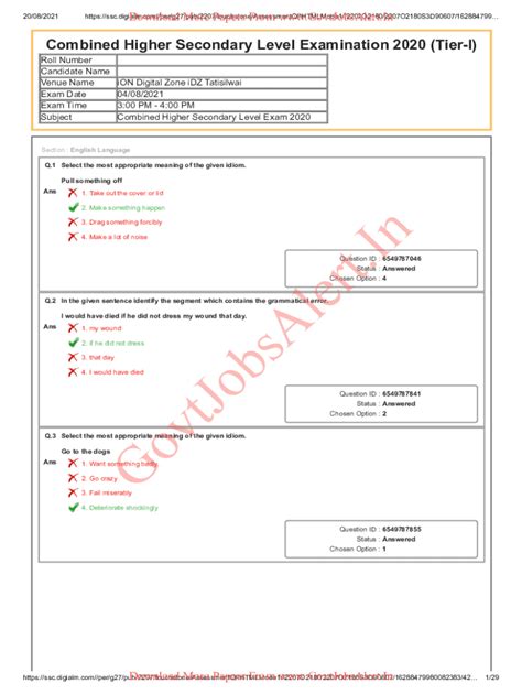 Fillable Online SSC CHSL Answer Key 2023 Out Tier 1 Response Sheet