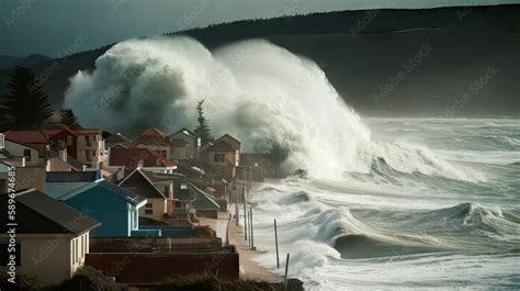 The Devastating Impact Of A Tsunami Wave Crushing Houses And Leaving