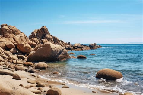 Beautiful seascape with rocks on the beach and blue sky, Big rocks on ...