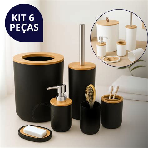 Kit Lixeira Banheiro Bambu