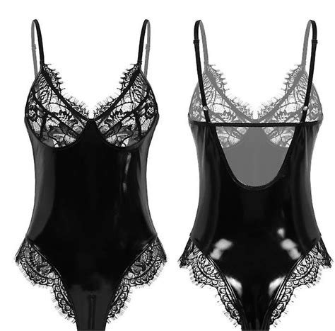 Femmes Hot One Piece Pvc Cuir Lingerie Sissy Latex Catsuit Sexy Body Sheer Lace Cups Open Crotch