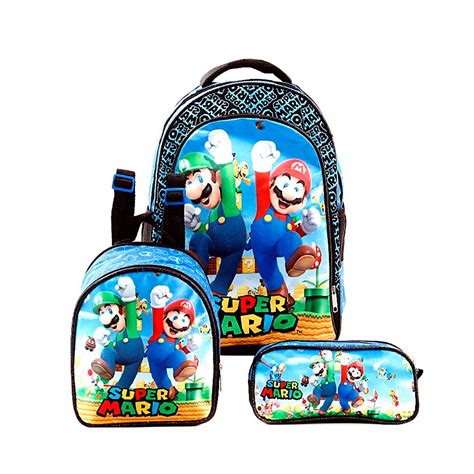 Kit Mochila Super Mario Bros De Costas Lancheira Estojo Escolar