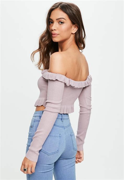 Missguided Pink Frill Bardot Ribbed Knitted Crop Top Sweaters For