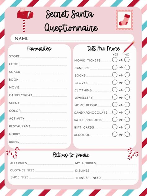 Secret Santa Questionnaire Christmas List Questionnaire Gift Exchange