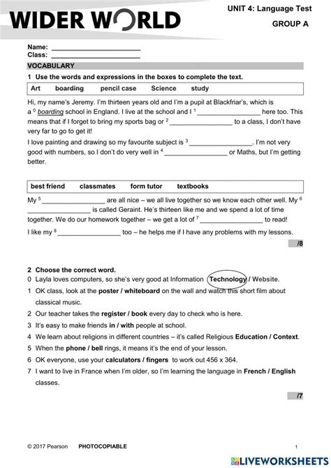 Wider World 1 Unit 4 Test Online Exercise For Live Worksheets