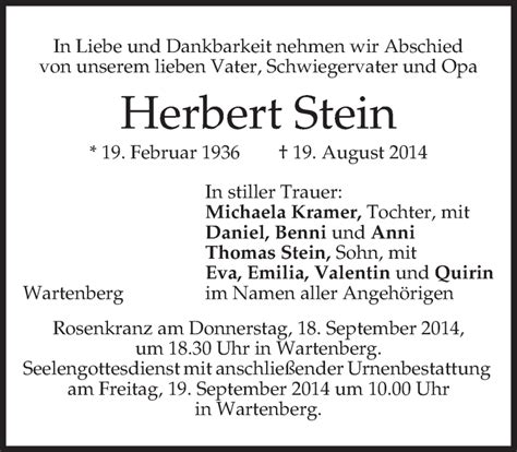 Traueranzeigen Von Herbert Stein Trauer Merkur De