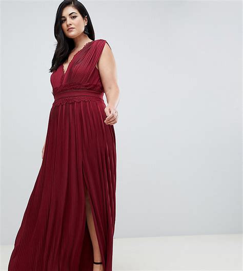 Asos Design Curve Premium Lace Insert Pleated Maxi Dress In Oxblood