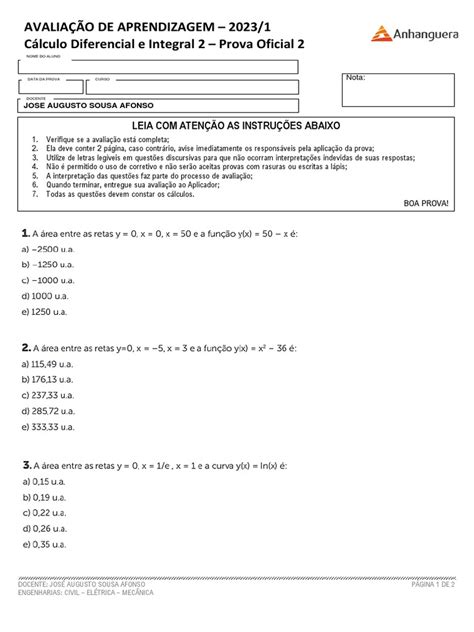 Prova 2u Cálculo Diferencial E Integral Ii 2023 1 Pdf