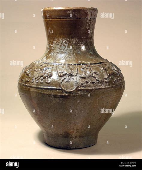 Ancient China Green Glazed Vase With Relief Decoraton Earthenware Hu