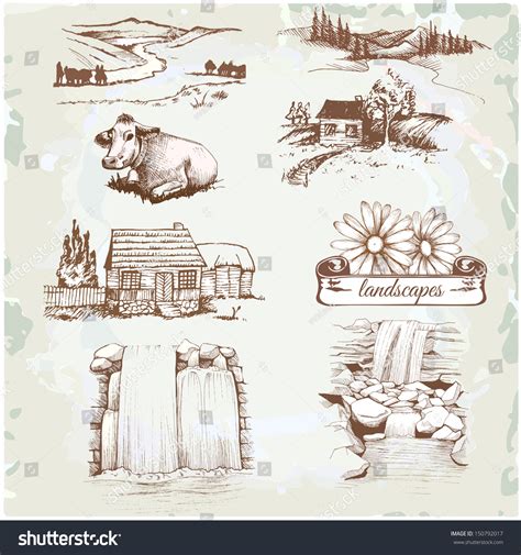 Landscape, Agriculture, Farming, Sketch Drawing Stock Vector Illustration 150792017 : Shutterstock