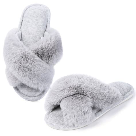 Kitsin Fuzzy Cross Band Slippers Soft Plush Furry Fur House Shoes Open