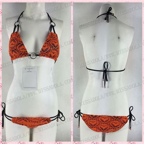 Miss Adola Extremely Sex Orange Mesh Bikini Swimwear Tiny Triangle Pants Swimsuit With Metal