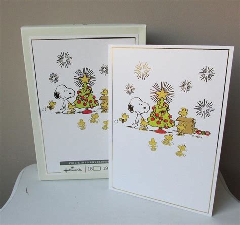 Snoopy Peanuts Christmas Cards Box 18 Hallmark Woodstock Gold Foil ...