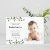 Simple Watercolor Greenery And Gold Photo Baptism Invitation Zazzle