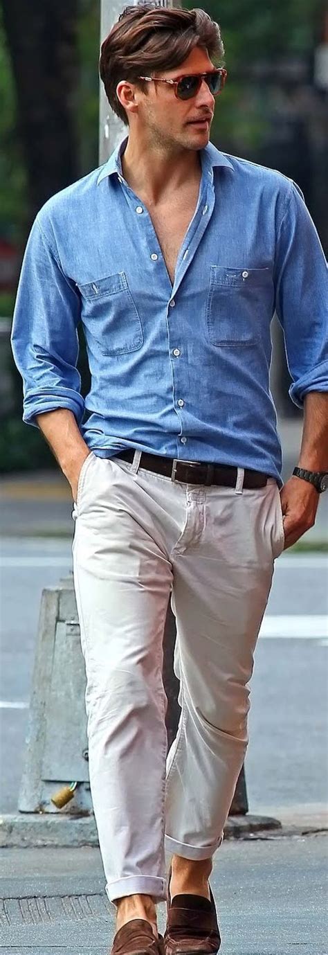 Men S Light Blue Denim Shirt Beige Chinos Dark Brown Suede Loafers