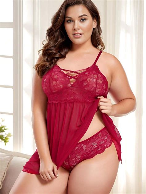 Plus Size Women S Cross V Neck And Backless Design Lace Lingerie Set Shein Usa