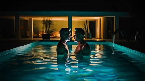 Premium Photo Generative Ai Enables A Gay Couple To Relax In The Pool At Night