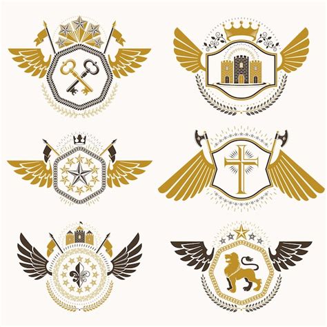 Premium Vector Heraldic Emblems With Wings Isolated On White Backdrop