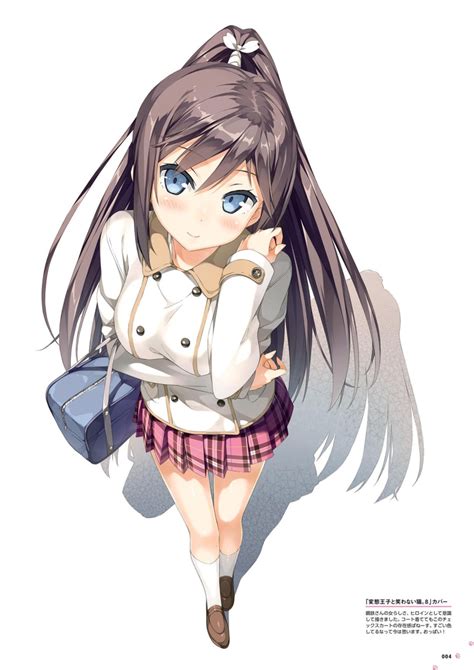 Safebooru 1girl Bag Blue Eyes Blush Brown Footwear Brown Hair From Above Full Body Hair