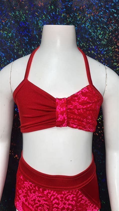 Pink And Red Two Piece Dancewear Set Red Lace Hot Pink Halter Top