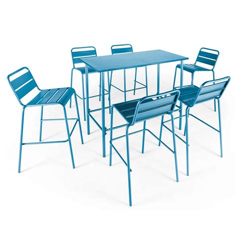 Ensemble table haute de terrasse et 6 chaises en métal bleu pacific