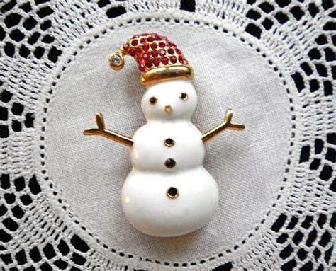 Vintage Enamel Rhinestones Snowman Pin