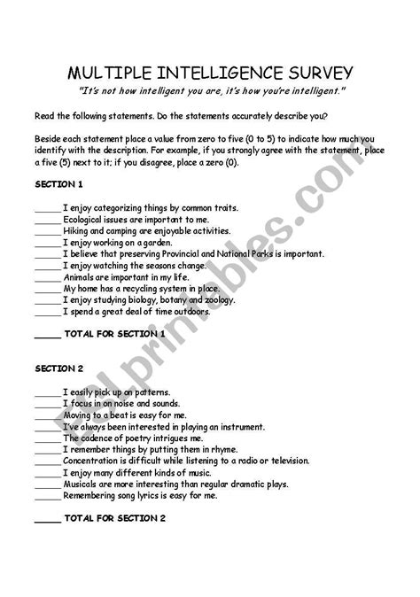 Multiple Intelligences ESL Worksheet By Stangera