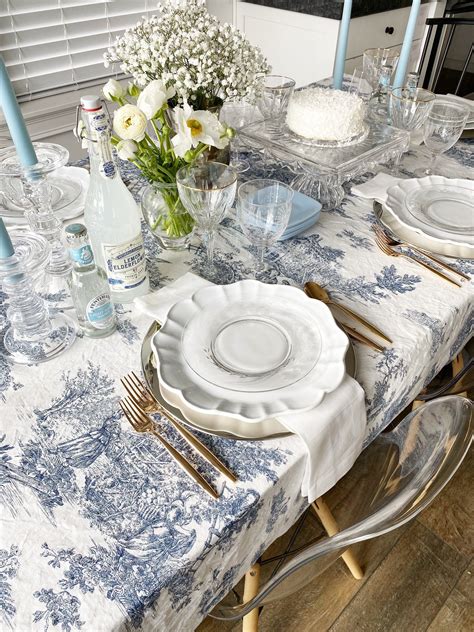 This Italian Washed Cotton Blue Toile Tablecloth Is An Elegant Choice