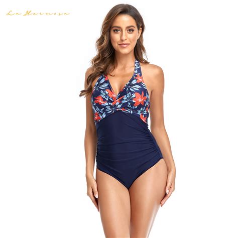 Girl Lace Up Backless Bikini Flower Print Stitching Navy Blue Swimsuit One Piece Multicolor
