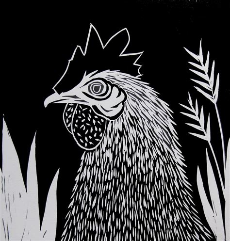 A Black And White Drawing Of A Chicken In The Grass With Leaves On Its