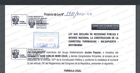 Proyecto De Ley N Cr Ley Que Declara De Necesidad P Blica