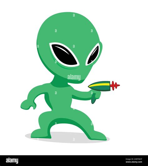 Cute Little Green Alien Martian Cartoon Character With Big Eyes And Ray